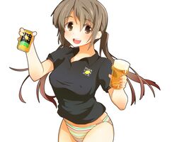  brown_eyes brown_hair can jar original shing_(sorairo_factory) soda_can swimsuit t-shirt twintails 