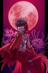  avenger black_hair dark_skin fate/hollow_ataraxia fate_(series) finger_licking flower full_body_tattoo full_moon headband licking moon pillarboxed red_moon solo spider_lily spring_water tattoo yellow_eyes 