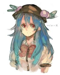  1girl blue_hair food fruit hat highres hinanawi_tenshi long_hair peach pisoshi red_eyes rough smile solo touhou 