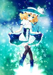  alternate_eye_color apron aqua_eyes blonde_hair blush bow braid breasts cleavage curiosities_of_lotus_asia hat hat_bow kirisame_marisa meiya_neon puffy_sleeves short_hair short_sleeves side_braid single_braid smile solo star touhou witch_hat wrist_cuffs 