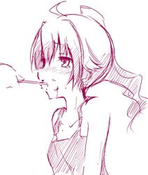  1girl blush brushing_teeth chatamaru_(irori_sabou) copyright_request monochrome simple_background sketch tyata-maru white_background 