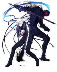  armor arondight berserker_(fate/zero) blood command_spell fate/zero fate_(series) full_armor helmet hoodie male matou_kariya multiple_boys scr.e spoilers sword weapon white_hair 