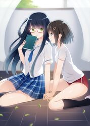  black_hair book brown_hair buruma glasses green_eyes gym_uniform hair_ornament hairclip holding holding_book kurasawa_moko leaf long_hair multiple_girls original plaid plaid_skirt pleated_skirt school_uniform short_hair sitting skirt 