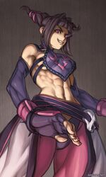  black_hair bracelet breasts elbow_gloves fingerless_gloves gloves glowing glowing_eye grin han_juri highres jewelry midriff muscle nail_polish purple_eyes sideboob smile speh spiked_bracelet spikes street_fighter street_fighter_iv super_street_fighter_iv twintails violet_eyes 