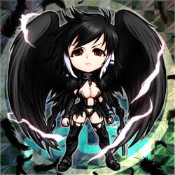  amaguchi_chiyoko black_hair black_wings breasts chibi feathers ikaros_melan red_eyes short_hair short_heir sora_no_otoshimono thigh-highs thighhighs wings 