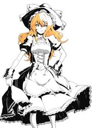  adapted_costume apron blonde_hair braid hat kirisame_marisa long_hair long_skirt puffy_sleeves short_sleeves side_braid single_braid skirt smile solo sukocchi touhou white_background witch_hat wrist_cuffs yellow_eyes 
