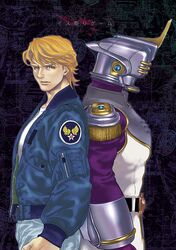  blonde_hair blue_eyes blue_jacket bomber_jacket dual_persona epaulettes helmet jacket jeans keith_goodman male mamemo_(daifuku_mame) power_suit sky_high solo superhero tiger_&amp;_bunny 