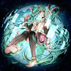  aqua_eyes aqua_hair barefoot blurry depth_of_field feet hatsune_miku hatsune_miku_(append) highres long_hair miku_append nou soles solo thigh-highs thighhighs toenails toes twintails very_long_hair vocaloid vocaloid_append 