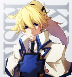  1boy blonde_hair blue_eyes bust capelet guilty_gear guilty_gear_xrd hair_ribbon high_collar ky_kiske long_hair ponytail ribbon solo uniform yomodaya 