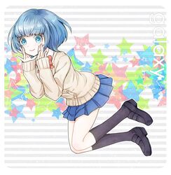  1girl aqua_eyes blue_hair coppeli inazuma_eleven_(series) inazuma_eleven_go inazuma_eleven_go_galaxy looking_at_viewer ribbon school_uniform shoes short_hair simple_background skirt solo sorano_aoi star thigh-highs 
