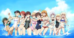  6+girls agahari arm_grab arm_hug bikini bottomless censored charlotte_e_yeager convenient_censoring eila_ilmatar_juutilainen erica_hartmann francesca_lucchini gertrud_barkhorn grin hug lynette_bishop minna-dietlinde_wilcke miyafuji_yoshika multiple_girls perrine_h_clostermann running sakamoto_mio sanya_v_litvyak school_swimsuit smile spiked_hair spiky_hair splashing strike_witches sunglasses swimsuit wading water white_swimsuit 