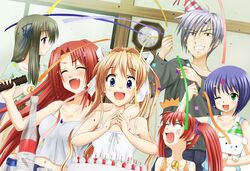  blush bottle cake casual dog fang food grin kamio_haruko kamio_misuzu kirishima_kano kunisaki_yukito long_hair michiru_(air) midriff navel open_mouth party potato_(air) sake smile tohno_minagi toono_minagi twintails wink yuzuki_karin 