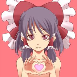  ao_usagi black_hair bust hair_tubes hakurei_reimu heart heart_hands nude red_background red_eyes short_hair simple_background smile solo touhou 