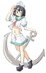  anchor arnest black_eyes black_hair hat midriff murasa_minamitsu navel open_shorts sailor sailor_hat salute short_hair short_sleeves shorts simple_background smile solo touhou white_background wink 