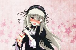  1girl drink highres long_hair rozen_maiden solo suigintou white_hair 