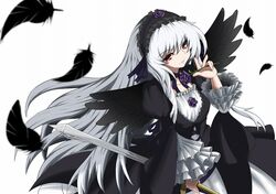  1girl dress feathers flower gothic_lolita hairband lolita_fashion long_hair rose rozen_maiden solo suigintou sword violet_eyes weapon white_hair wings 