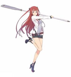  aruka belt blush high_heels holding jpeg_artifacts kuroboshi_kouhaku leg_up long_hair miniskirt official_art red_hair redhead resized shoes skirt smile solo summon_night summon_night_5 transparent_background weapon 