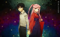  black_eyes black_hair japanese_clothes long_hair original pink_eyes pink_hair short_hair signed umbrella 