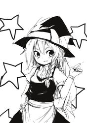  blush bow braid fingerless_gloves gloves hair_bow hat hat_bow highres kirisame_marisa long_hair monochrome moro_(eiyu) short_sleeves side_braid single_braid smile solo touhou witch_hat 