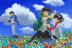  adult black_hair celestial_being_uniform child flower flower_field gundam gundam_00 hood male multiple_boys multiple_persona red_eyes ris scarf setsuna_f_seiei sky teenage time_paradox uniform young 