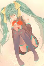 1girl boots closed_eyes detached_sleeves green_hair hair_ribbon hatsune_miku heart long_hair ribbon skirt solo thigh_boots thighhighs twintails very_long_hair vocaloid