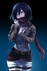  belt black_eyes black_hair blush jacket loup mikasa_ackerman scarf shingeki_no_kyojin short_hair thigh_strap 