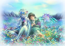  1boy 1girl black_hair flower flower_field gundam gundam_00 gundam_00_a_wakening_of_the_trailblazer head_wreath long_hair marina_ismail old_woman pilot_suit ris setsuna_f_seiei silver_hair yellow_eyes 