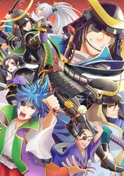  bald blue_hair brave_10 chonmage copyright_request crescent_moon date_masa date_masamune date_masamune_(brave_10) date_masamune_(sengoku_basara) date_masamune_(tono_to_issho) eyepatch facial_hair grin gun helmet hyouge_mono kabuto kajiwara_io katana long_hair male moon open_mouth pistol ponytail red_eyes sengoku_basara sengoku_ixa sengoku_musou smile source_request stubble sword tono_to_issho weapon white_hair yellow_eyes 