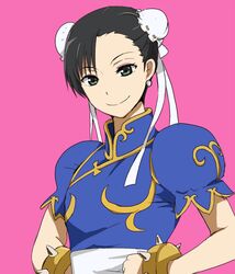  black_hair bracelet bun_cover capcom china_dress chinese_clothes chun-li chun-li_(cosplay) cosplay double_bun earrings green_eyes hyouka jewelry kiikakiika kouchi_ayako smile spiked_bracelet spikes street_fighter 