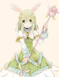  alternate_color animal_ears blonde_hair bolero bunny_ears cropped_jacket dress elise_lutus frills green_dress green_eyes jewelry pendant rabbit_ears short_hair smile solo staff tales_of_(series) tales_of_xillia yuru1031 