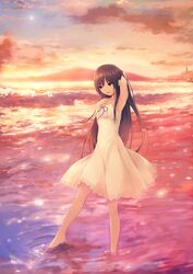  arm_behind_head arm_up barefoot brown_eyes brown_hair cloud clouds coffee-kizoku dress feet_in_water hand_in_hair long_hair original ripples sky soaking_feet solo sundress sunset wading water white_dress 