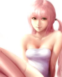  bare_shoulders blue_eyes brown_legwear cake_(nico_seiga) collarbone final_fantasy final_fantasy_xiii lips long_hair looking_at_viewer pink_hair serah_farron side_ponytail solo thigh-highs thighhighs 