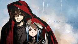  brown_eyes brown_hair carol_(guilty_crown) chuuou_higashiguchi guilty_crown guilty_crown_lost_christmas hat highres hood lavender_hair open_clothes open_jacket red_eyes scrooge_(guilty_crown) smile 