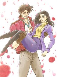  1boy 1girl 96kuroie black_hair blue_eyes brown_hair carrying flower jacket jojo_no_kimyou_na_bouken joseph_joestar_(young) lisa_lisa long_hair mother_and_son pantyhose princess_carry red_jacket 