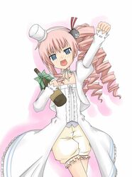  1girl blue_eyes blush chris_(kore_wa_zombie_desu_ka?) drill_hair hair_ornament hair_ribbon hairband hat kasutamu13 kore_wa_zombie_desu_ka? long_hair open_mouth pink_hair ribbon sake side_ponytail solo top_hat 