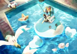  bag brown_hair fishing fishing_rod frillish jellicent kutta kyouhei_(pokemon) leggings male pokemon pokemon_(game) pokemon_bw2 pool staryu visor_cap wingull 