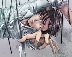  1boy black_hair cable hnti-yuax levi_(shingeki_no_kyojin) shingeki_no_kyojin solo tied_up 