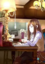 book boots brown_hair cabinet crossed_legs cup earphones highres lamp light original pantyhose retsuna sitting 
