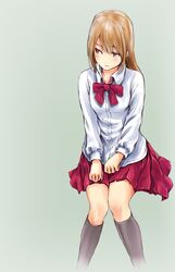  2yffmhbl adult blonde_hair brown_eyes highres light_smile long_hair oomuro_hanako school_uniform simple_background sitting solo syou_(endemic_species) yuru_yuri 