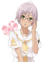  adjusting_glasses ahoge aria athena_glory bespectacled bust getsumen glasses green_eyes head_tilt pink_hair red-framed_glasses short_hair simple_background solo 