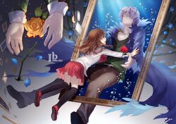  1girl black_legwear blue_rose brown_hair bubble burning coat eve_(ib) falling flower fur_coat garry_(ib) gary_(ib) ib ib_(ib) kneehighs lighter mary_(ib) painting palette_knife petals picture_frame purple_hair red_eyes red_rose robinexile rose spoilers title_drop water withered yellow_rose 