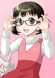  adjusting_glasses bag bespectacled black_hair brown_eyes doujima_nanako dress glasses hair_ribbon open_mouth persona persona_4 ribbon shopping_bag smile solo twintails yaso_shigeru 