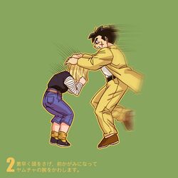  1girl android_18 belt black_hair blonde_hair dodge dragon_ball dragon_ball_z dragonball_z green_background motion_blur origami_(red) scar short_hair socks yamcha 