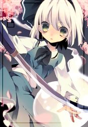  green_eyes hair_ribbon hairband highres hitodama konpaku_youmu konpaku_youmu_(ghost) long_sleeves mihatarou ribbon short_hair silver_hair solo sword touhou weapon 