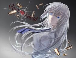  blue_eyes bullet jormungand koko_hekmatyar long_hair necktie robinexile silver_hair smile solo 