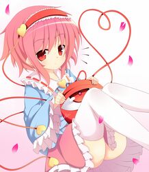  gamuo hairband heart heart-shaped_pupils komeiji_satori pink_hair red_eyes short_hair solo symbol-shaped_pupils thigh-highs thighhighs third_eye touhou white_legwear 