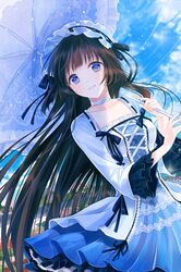  blue_eyes bonnet brown_hair choker collarbone dress frilled_dress frills grin holding layered_dress long_hair lowres open_mouth parasol pleated_dress reum smile sword_girls umbrella very_long_hair 