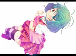  gamuo glasses green_eyes green_hair heart heart-shaped_pupils original puffy_sleeves short_hair short_sleeves smile solo sparkle symbol-shaped_pupils thigh-highs thighhighs tongue 