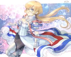  armor bare_shoulders blonde_hair blue_eyes breasts dress female fusion genderswap glasses inazuma_eleven inazuma_eleven_(series) inazuma_eleven_go inazuma_eleven_go_chrono_stone jeanne_d'arc_(inazuma_eleven) kirino_ranmaru large_breasts long_hair mizuhara_aki smile twintails 