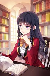  book glasses library long_hair lowres nardack open_mouth purple_eyes purple_hair ribbon serie sitting solo sword_girls uniform violet_eyes 